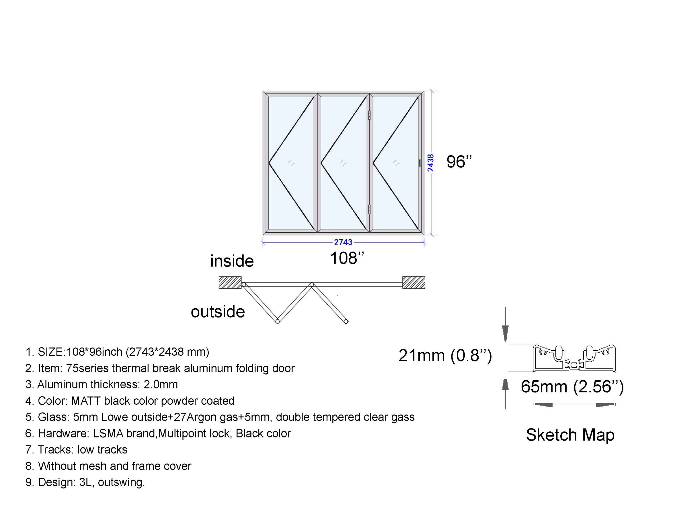 Aluminum Bifold Door 108"Wx96"H - OUT SWING FROM EXTERIOR VIEW image 1