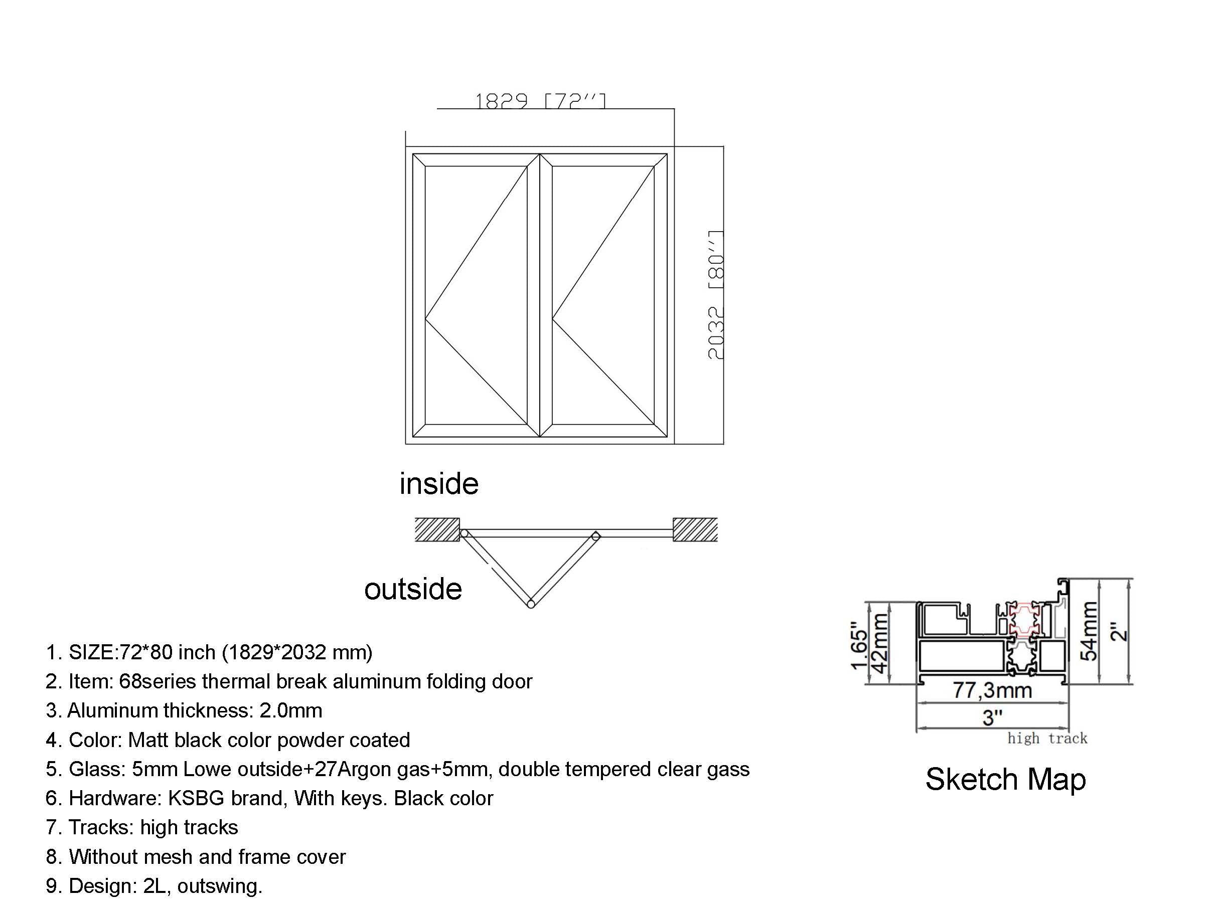 Aluminum Bifold Door 72"Wx80"H - OUT SWING FROM EXTERIOR VIEW image 1