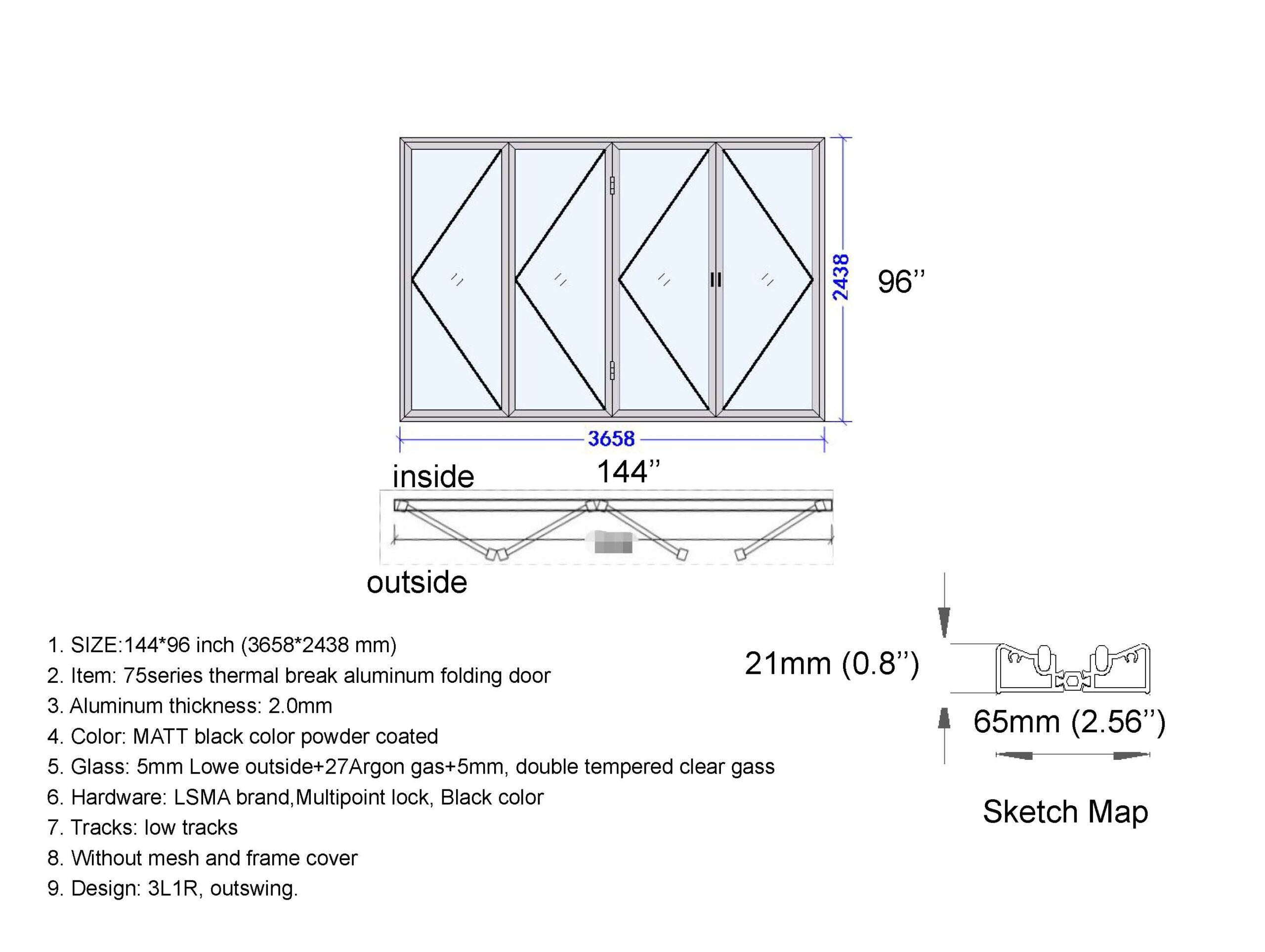 Aluminum Bifold Door 144"Wx96"H - OUT SWING FROM EXTERIOR VIEW image