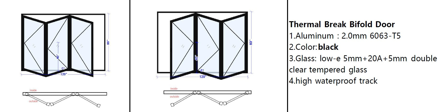 120"x80" Custom Energy Efficient Aluminum Bifold Door